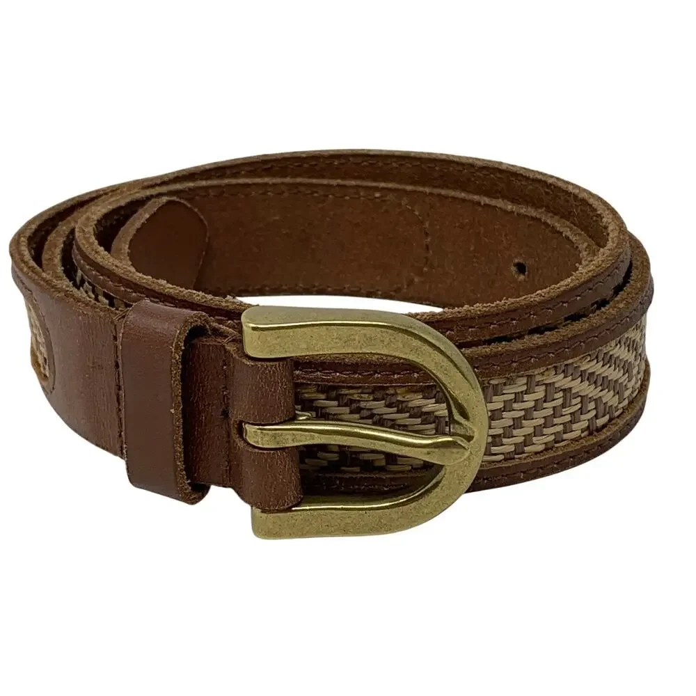 J.Crew Brown Leather Woven Fabric Belt Brass Horseshoe Buckle Womens Sz M - Picture 2 of 5